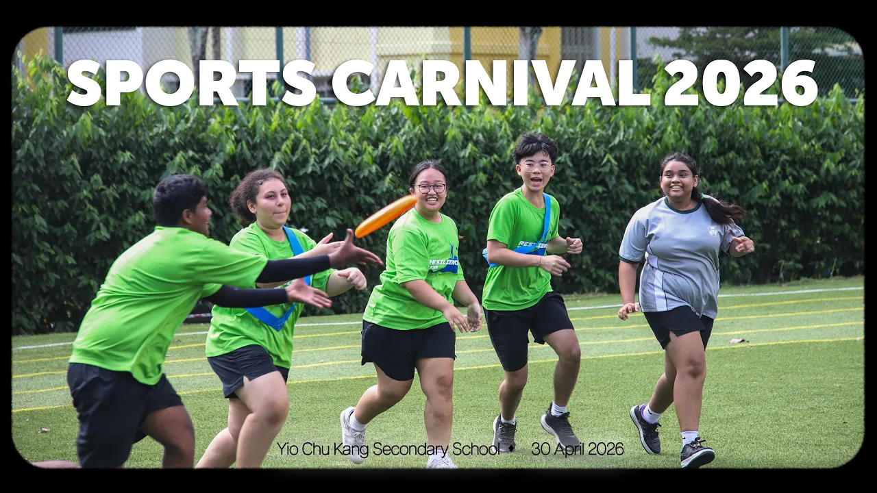 Event banner for Yio Chu Kang Secondary School Sports Carnival 2026 featuring students playing Ultimate Frisbee on an outdoor field.